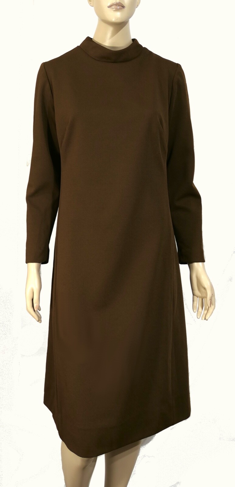 Vintage Mod Moc T 70s Monochrome Hazel Brown LS Polyester Shift Dress L