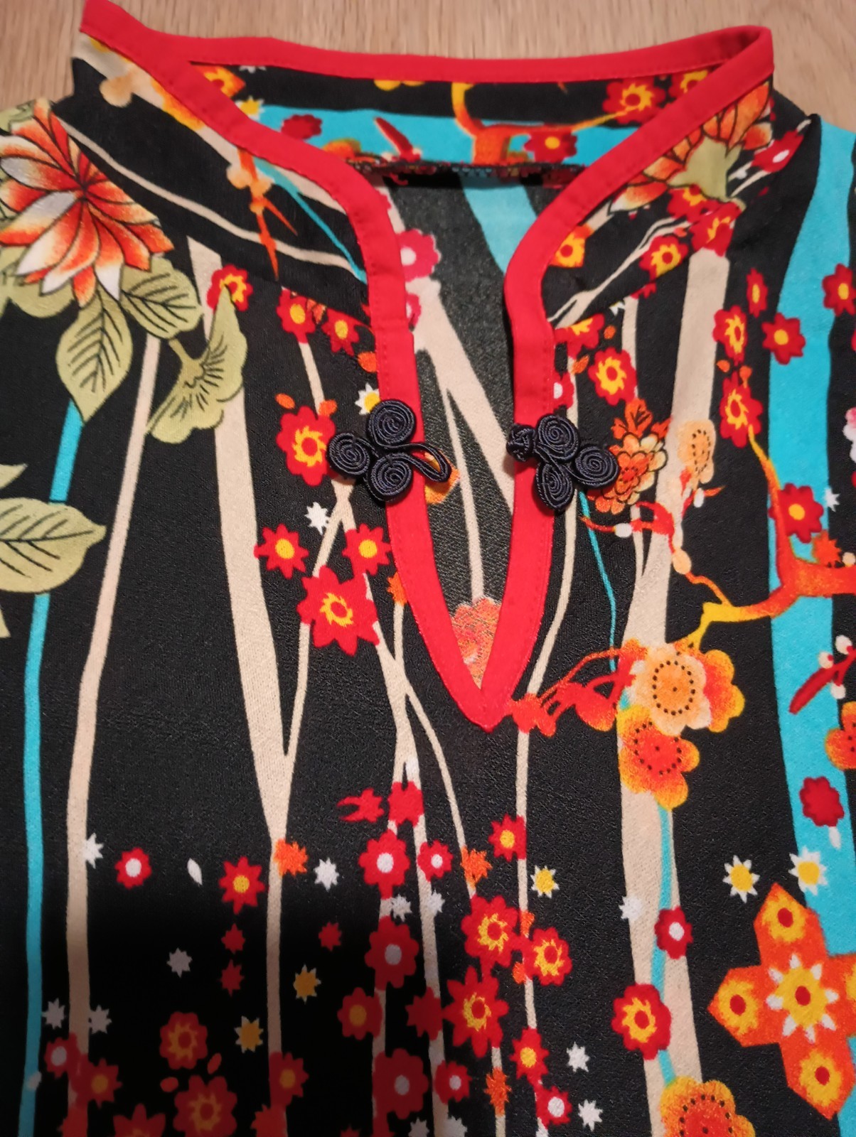 Vtg 90s Asian Art Artsy Painting Inspired Floral Mandarin Collar Stretchy Top XS