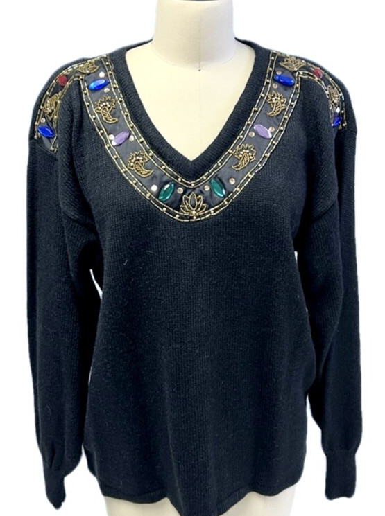 980s VTG Vantean Black Sweater Bejeweled Satin Deep V Neck Dynasty Glam Sz L