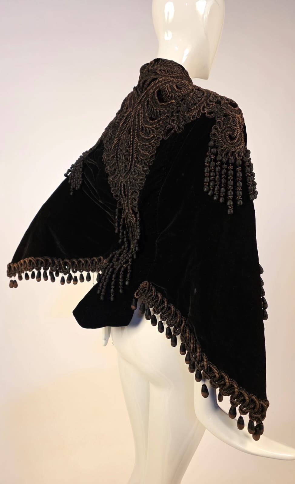 VICTORIAN 1870’S BLACK VELVET DOLMAN CAPE W SOUTACHE DETAIL + BUSTLE REAR