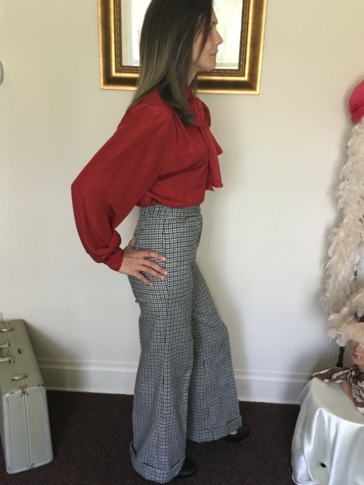 60’s Vintage Ivory Hi Rise Black Gray Hound’s-tooth Bell Bottom Pants