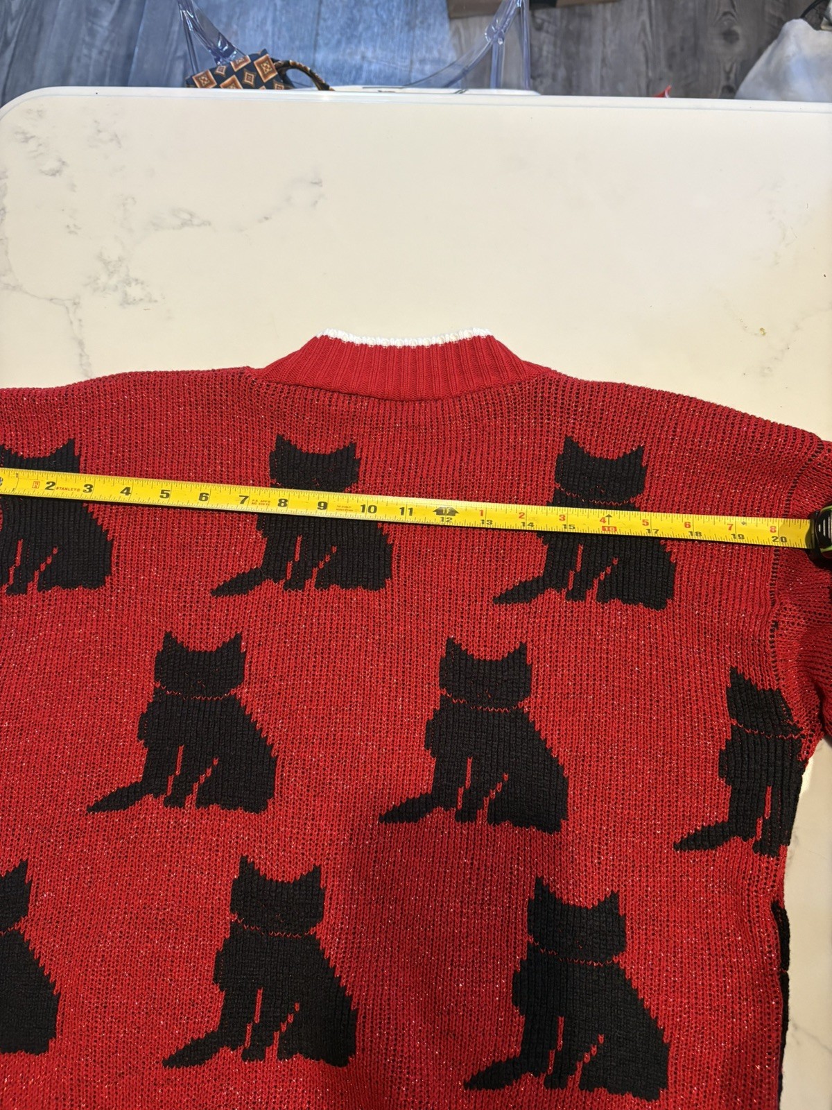 Vintage Red Metallic Cat Sweater with Black Cats and White Hearts Arielle Style
