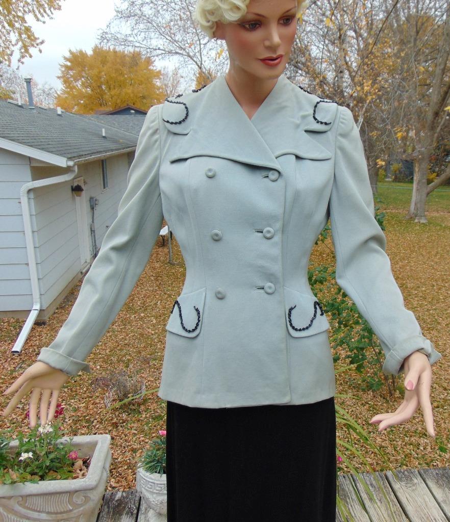 VTG 40s Polly Parker Original Gray Gabardine Beaded Suit Jacket 28W