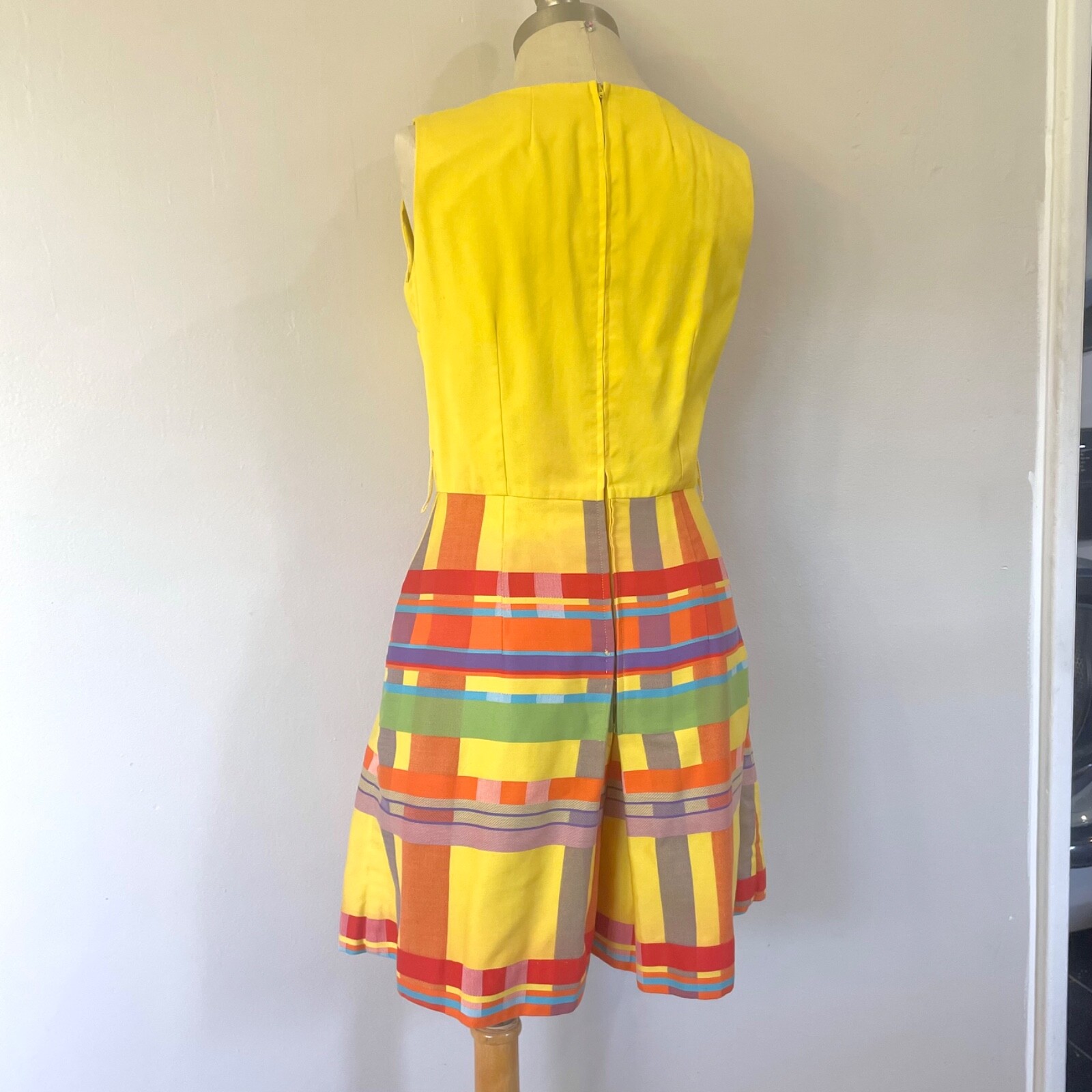 Vintage 60s Elizabeth Stewart Dress Culotte Skort Romper Yellow Plaid Size S/M