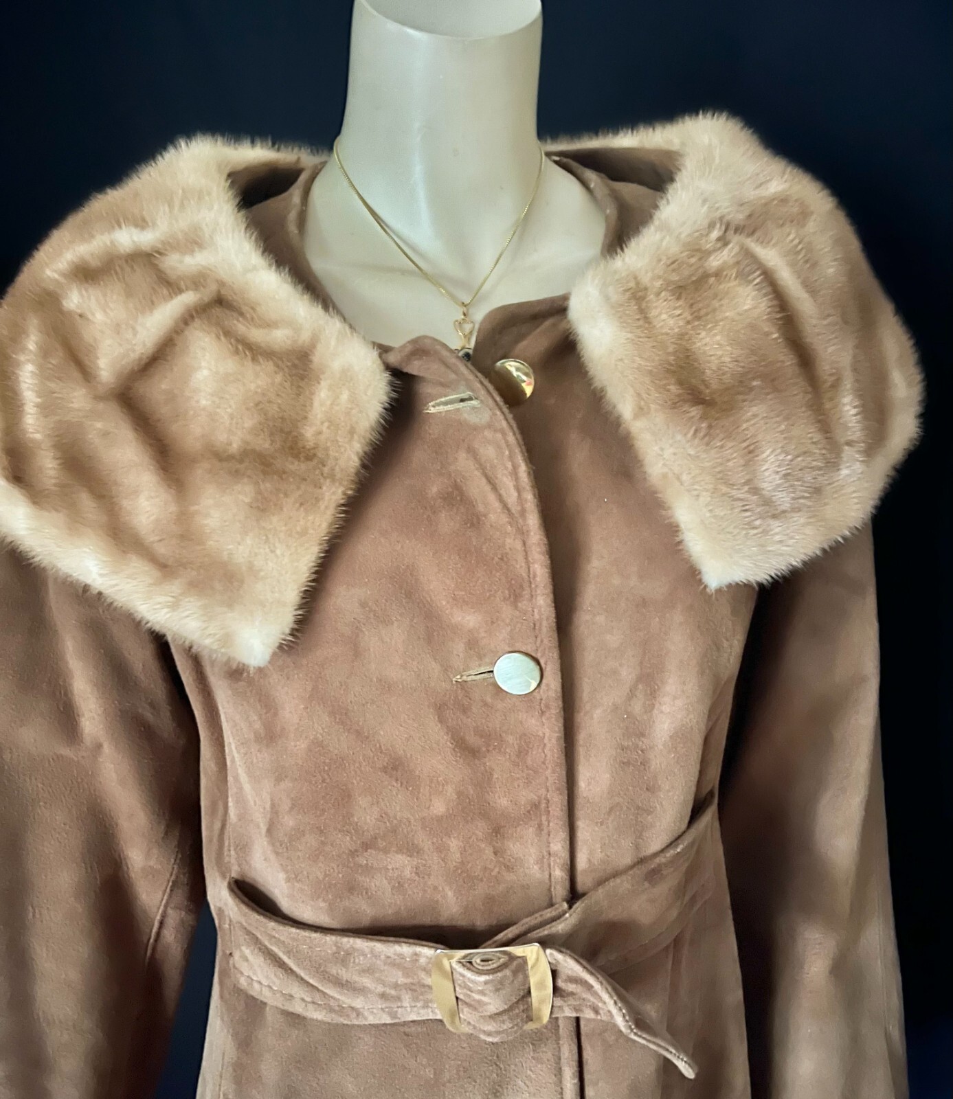 1960s, 1970s Mink Collared Light Cocoa Brown Suede Coat, Fitted, Belted, Sm- Med