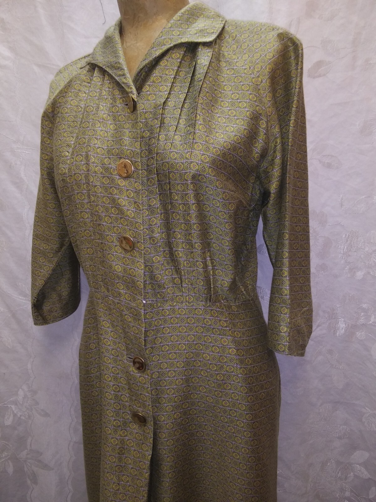 Vintage 1950’s Olive Green Dark Yellow Polished Cotton Elegant Dress Medium