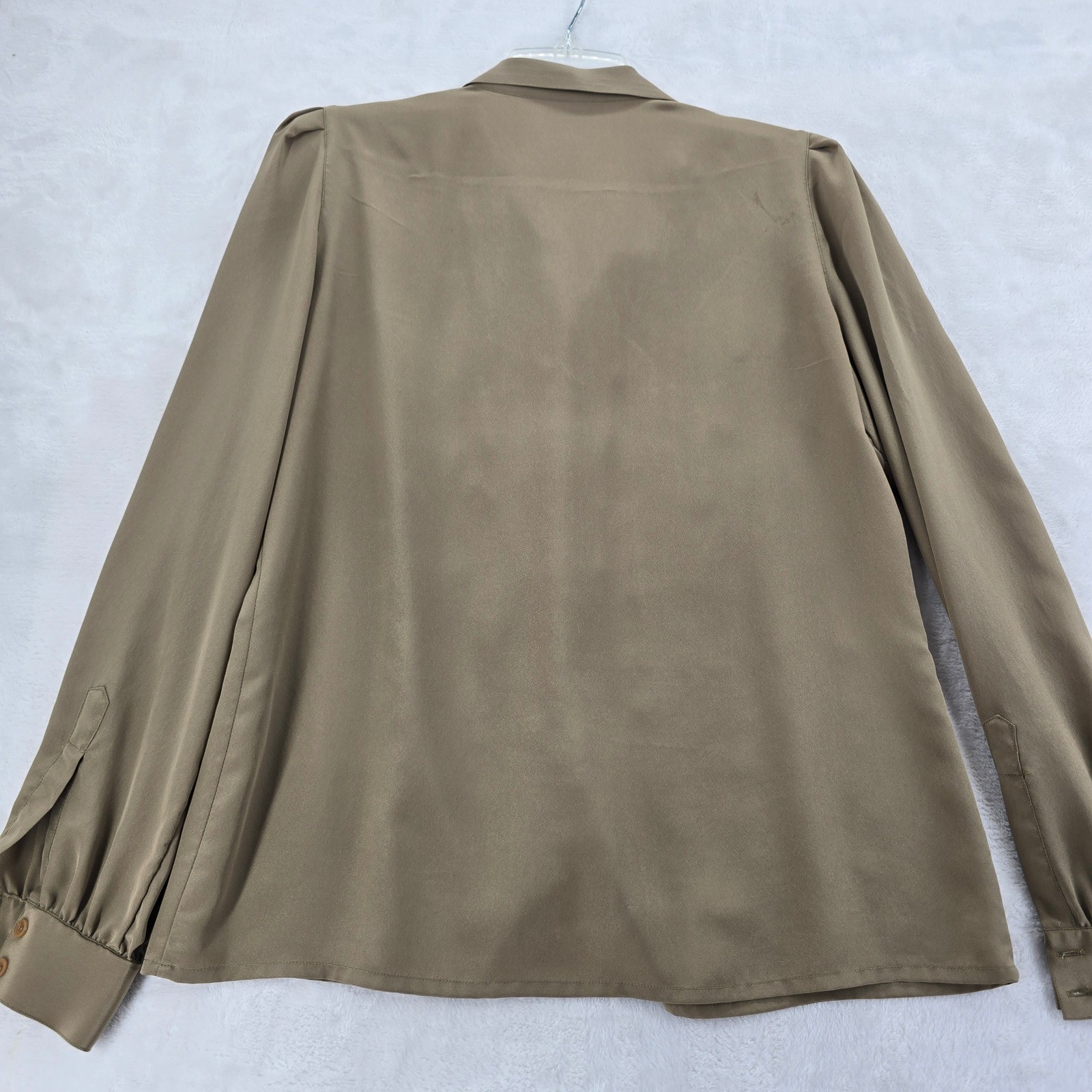 Regina Porter Blouse Womens Button Up Taupe Long Sleeve Puffed Shoulder Vintage