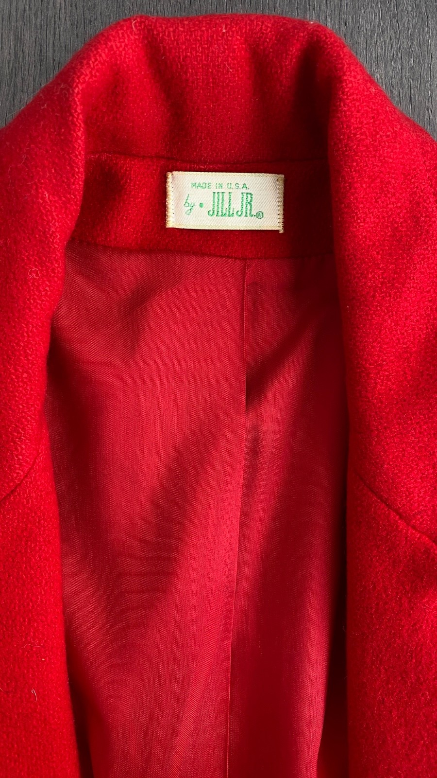 Vintage 1970s red wool trench coat jacket XS S long collar pea pockets JILL JR