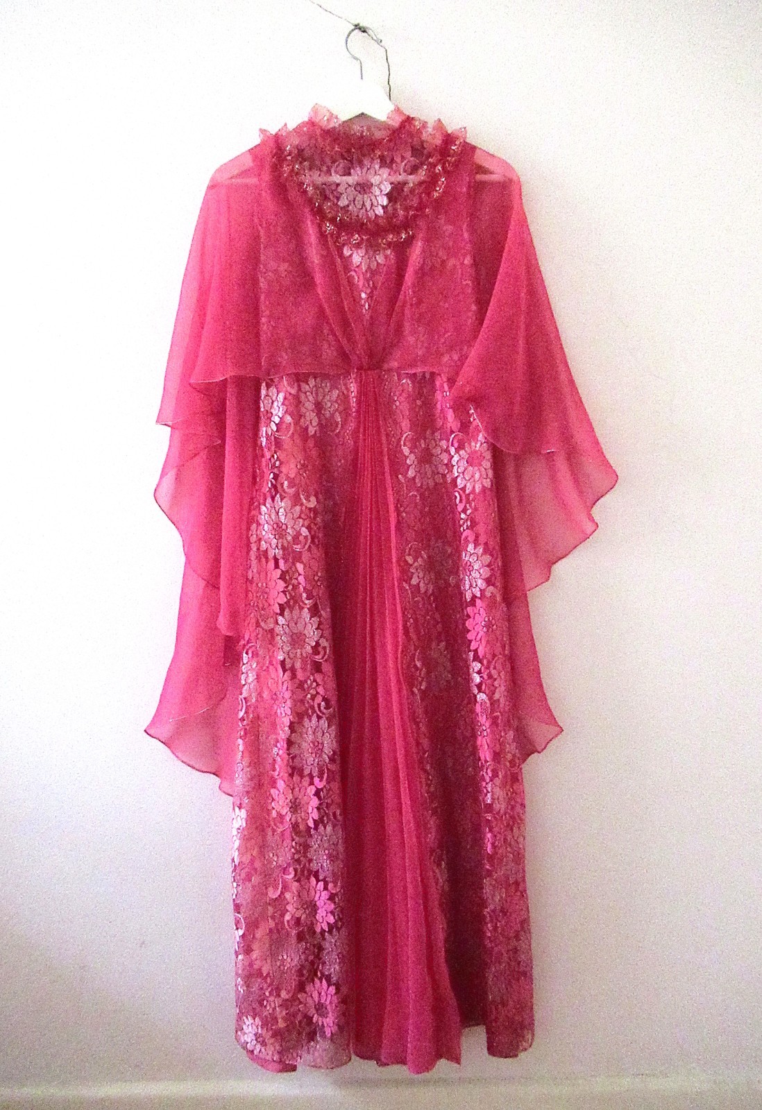Vintage 70s Pink Lace Goddess Caplet Maxi Dress Small – Fairy Prom Party, Small