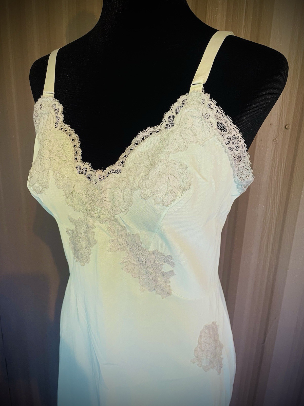 VTG 70s Sears Slip Dress Nightgown Sea foam Green Babydoll Nylon Lace Lingerie