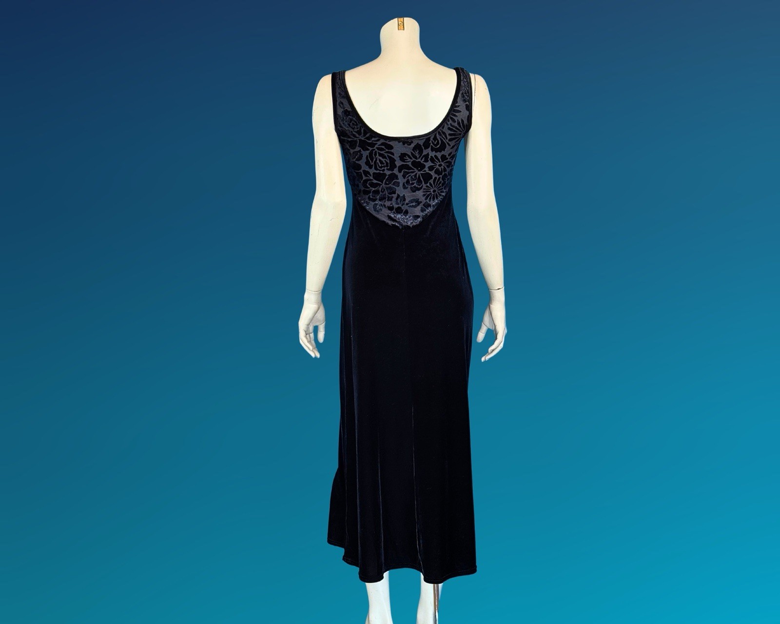 90s Black Cut Velvet Empire Waist Maxi Slip Dress XS