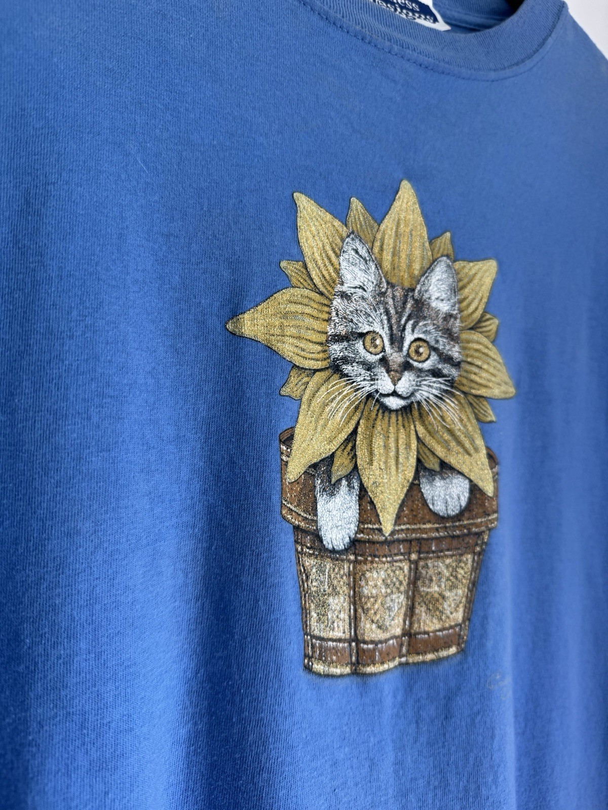Vintage 90s Endless Designs Cottage Core Cat Sunflower Grandma T-Shirt Blue XL