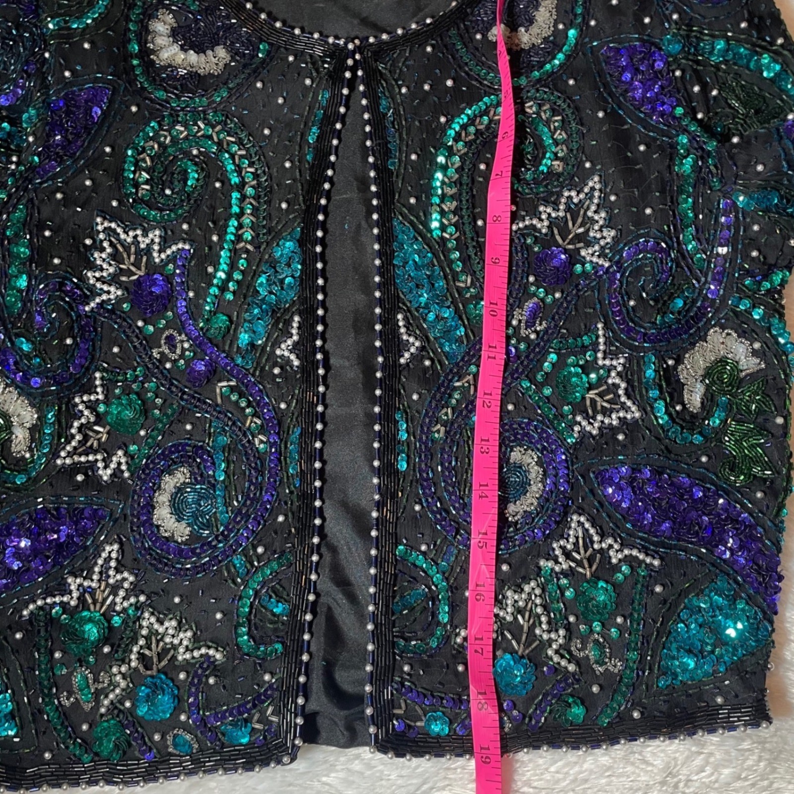Laurence Kazar VTG Beaded Sequin Silk Paisley Jacket Teal Black PS 80s Glam