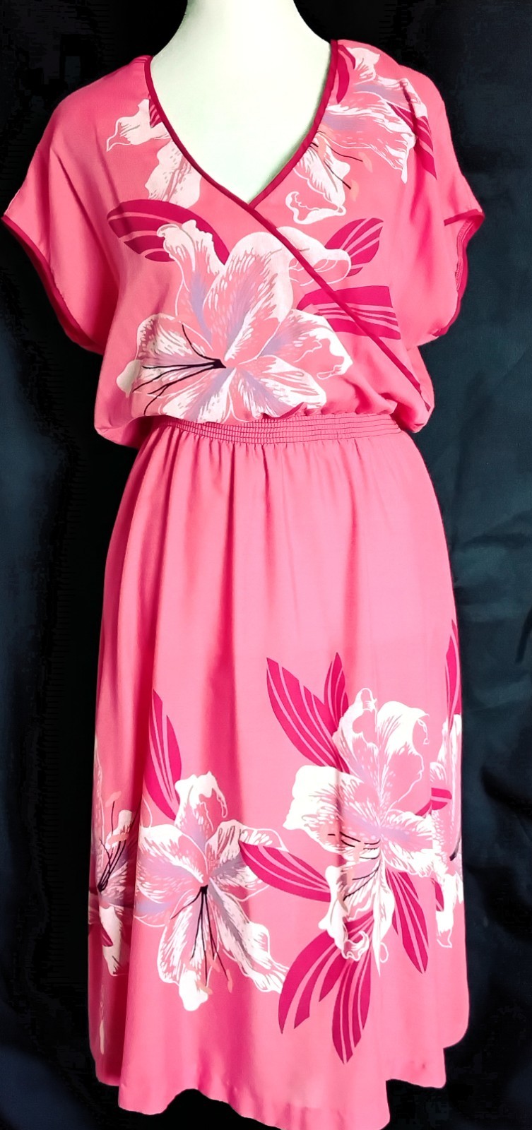 Vintage 80s John Richard Of California Pink Floral Midi V Neck Dress Sz 13