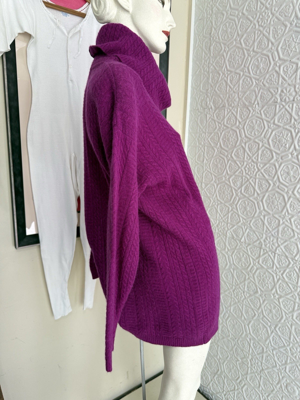 vintage sweater 1980s lambswool angora cable knit turtleneck pink M oversized