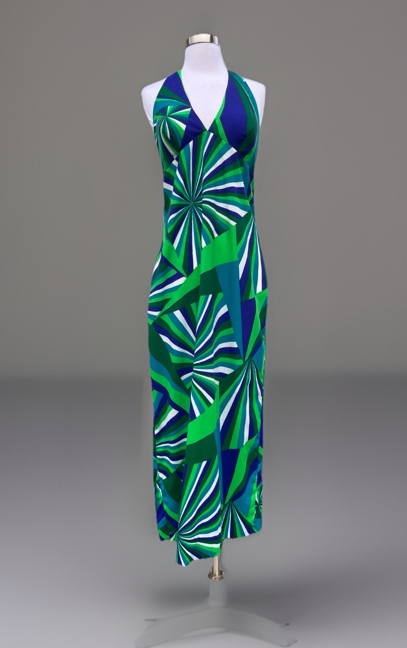 VTG 60s FUMI’S AT WAIKIKI Blue Green Hawaiian Psychedelic Maxi Halter Dress S