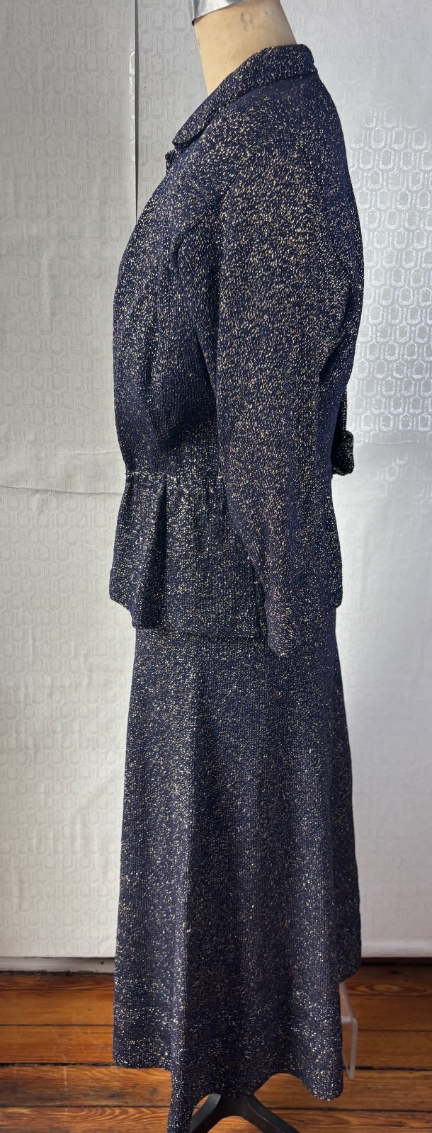 VTG 50’S HAND KNIT FULL CIRCLE SKIRT CROCHET DRESS BLUE&METALLIC GOLD DRESS*S/M