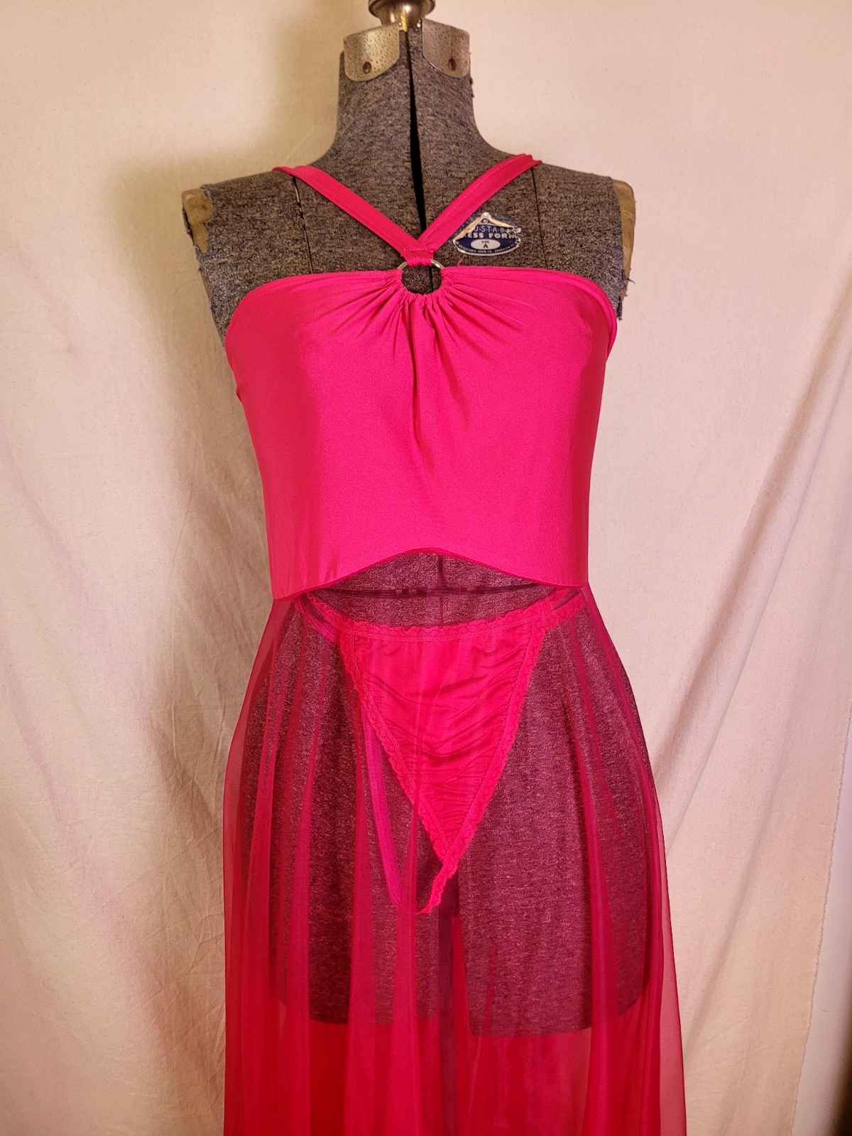 Vintage 90s Y2K Deadstock Plus Size Maxi Lingerie Halter Dress Hot Pink 1x/2x