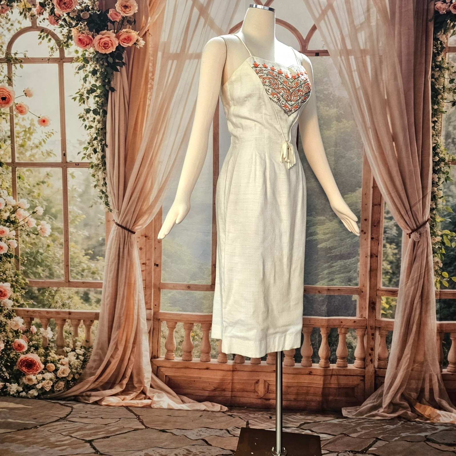 Vintage 1960’s Dress Shift Mod Cream Orange Beads and Rhinestone Embroidered