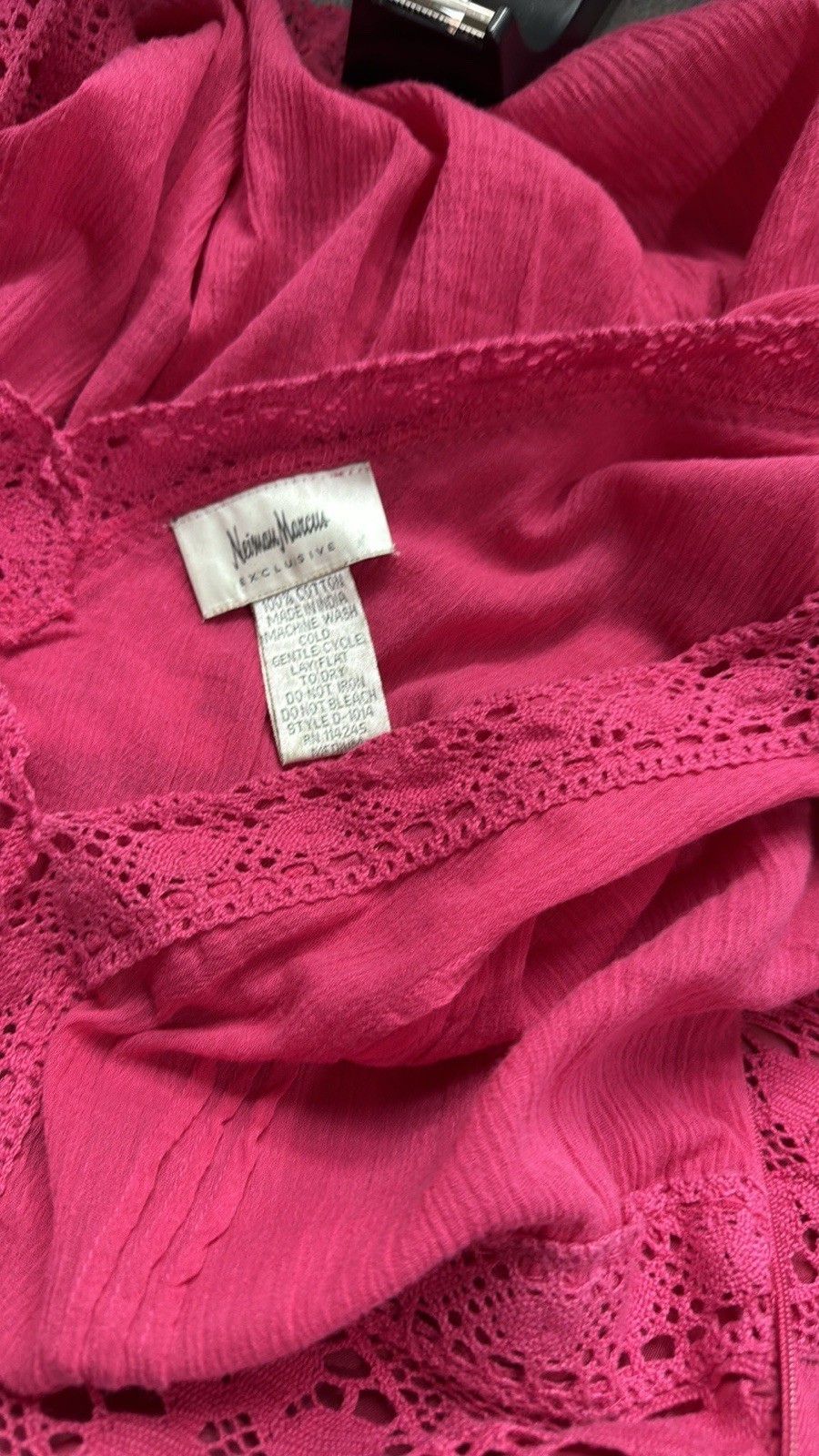 Vintage 80s Nieman Marcus Hot Pink Mexican Wedding Maxi Dress Boho M Lace Bell