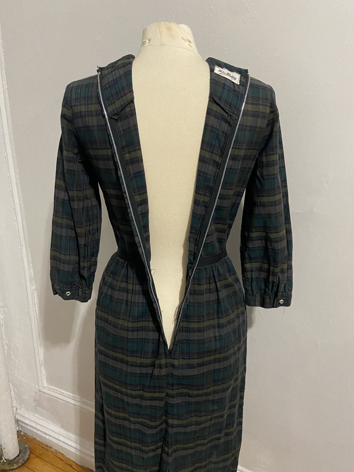 60s Helen Whiting Green Plaid Sheath Vintage Dress