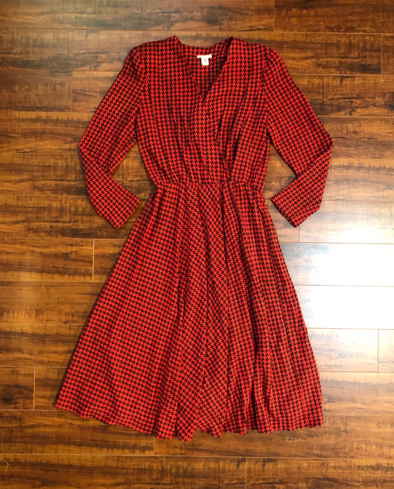 Vintage 90s MOD Retro Plunging Neck Black / Red Houndstooth Secretary Dress 12 L