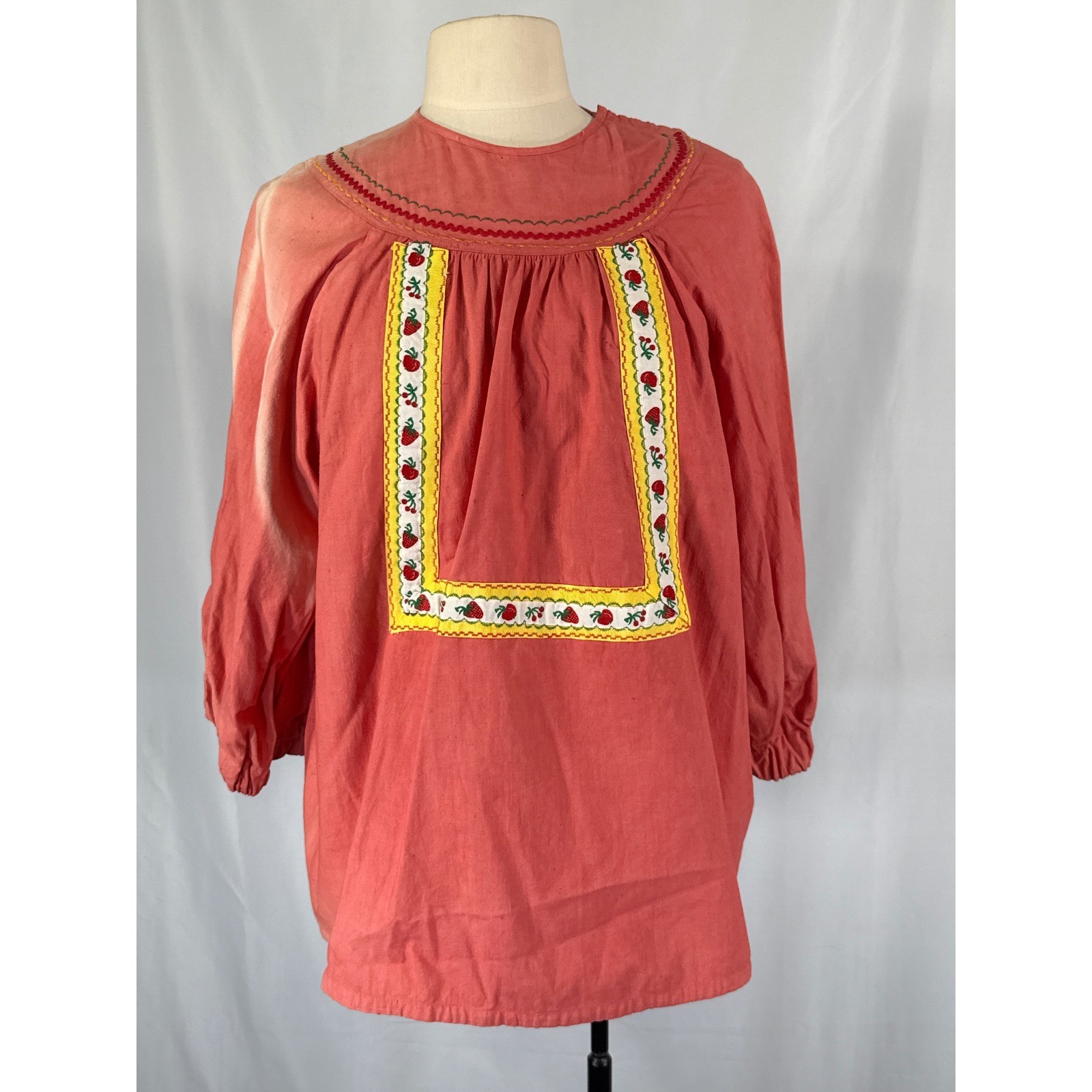 Vintage 70s Handmade Coral Peasant Blouse Strawberry Ribbon Trim Rickrack Boho