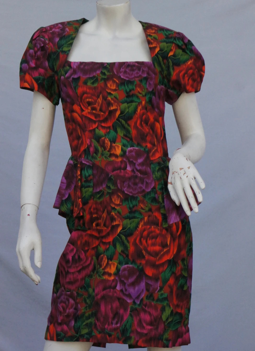 Vintage 80s Floral Print Peplum Dress with Open Back By Bugardi Cocktail Dress