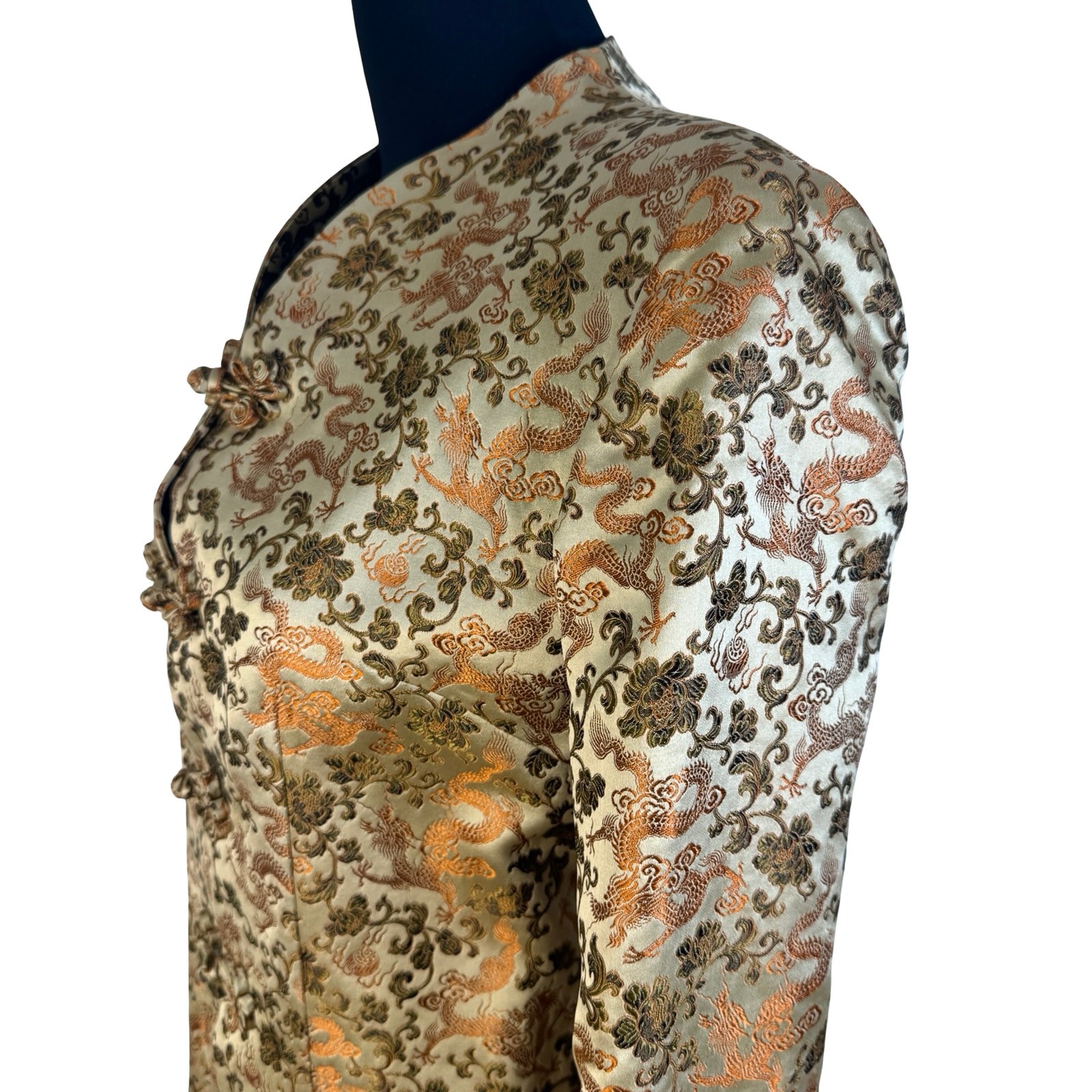 Vintage Gold Dragon Brocade Mandarin Collar Frog Closure Satin Tang Jacket Coat