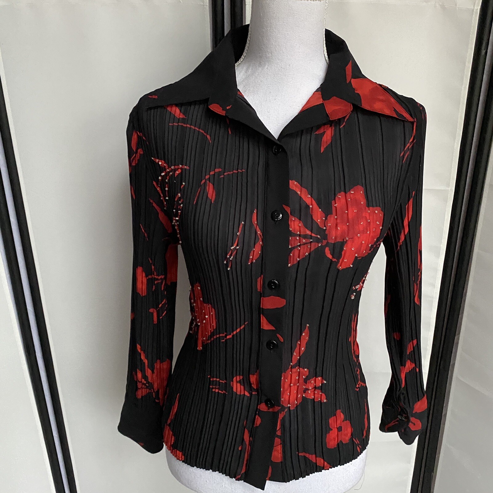Patchington Vtg Womens Small See Through Top Black Red Button Up Shirt Floral E7