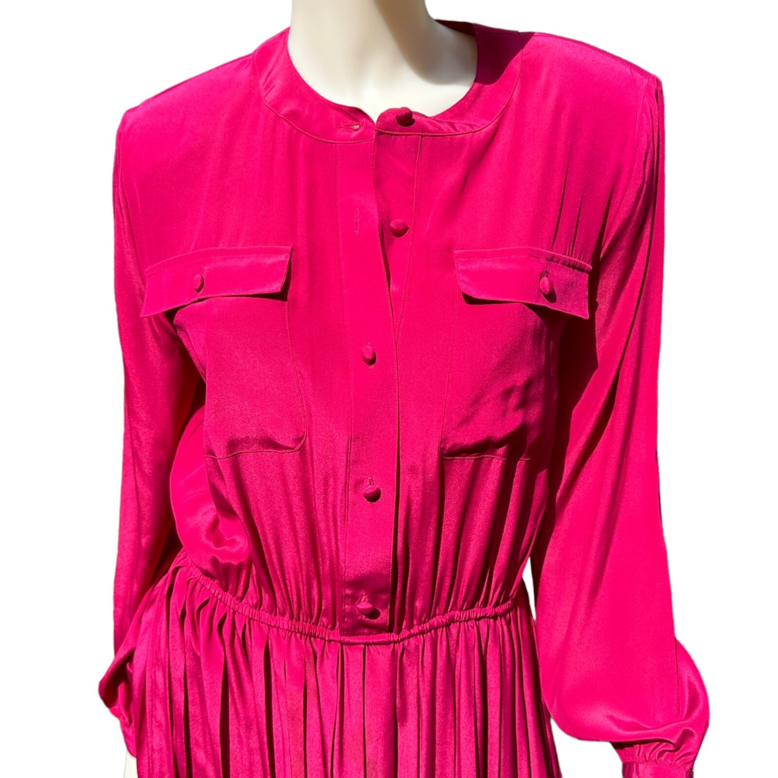 Vintage 80s Hana Sung Shirt Dress Size 12 Raspberry Pink Pleated Midi Barbie