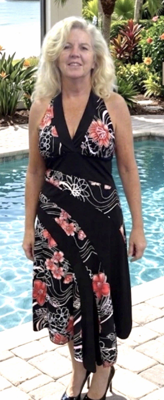 Rampage Dress Sun Halter Black Pink Flowers Poly 80s 90s USA Jr 7/8 Y2k Boho