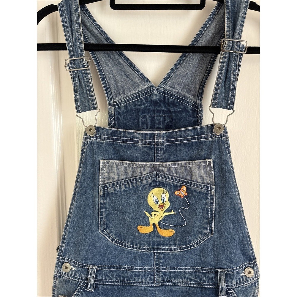 Vintage Looney Tunes Tweety Denim Overall Shorts Embroidered Pockets Blue Medium