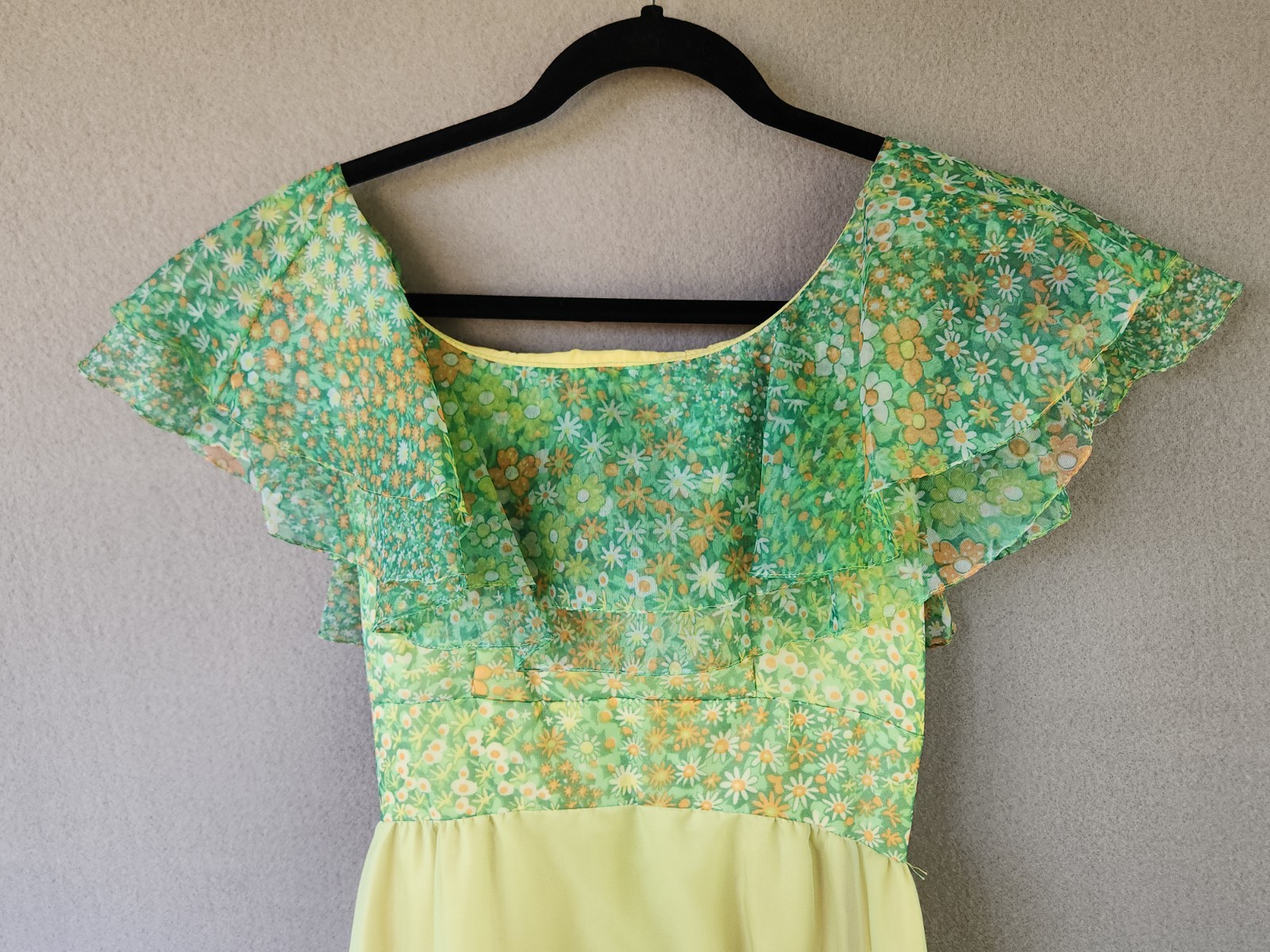 Vintage 60s Floral Chiffon Maxi Dress Ruffle Flutter Capelet Yellow Green Party