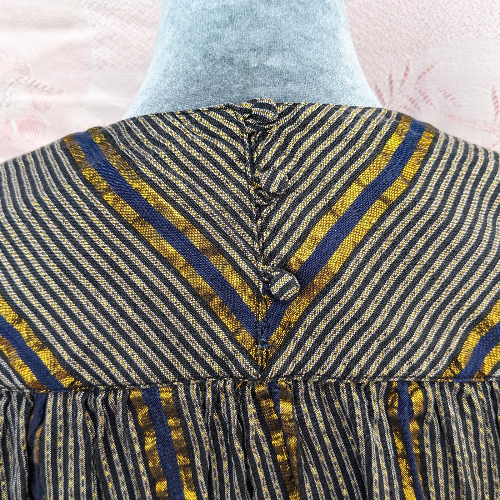 Vintage 70s Adini India Blouse S Navy Gold Lurex Metallic Stripe Boho Tunic Top