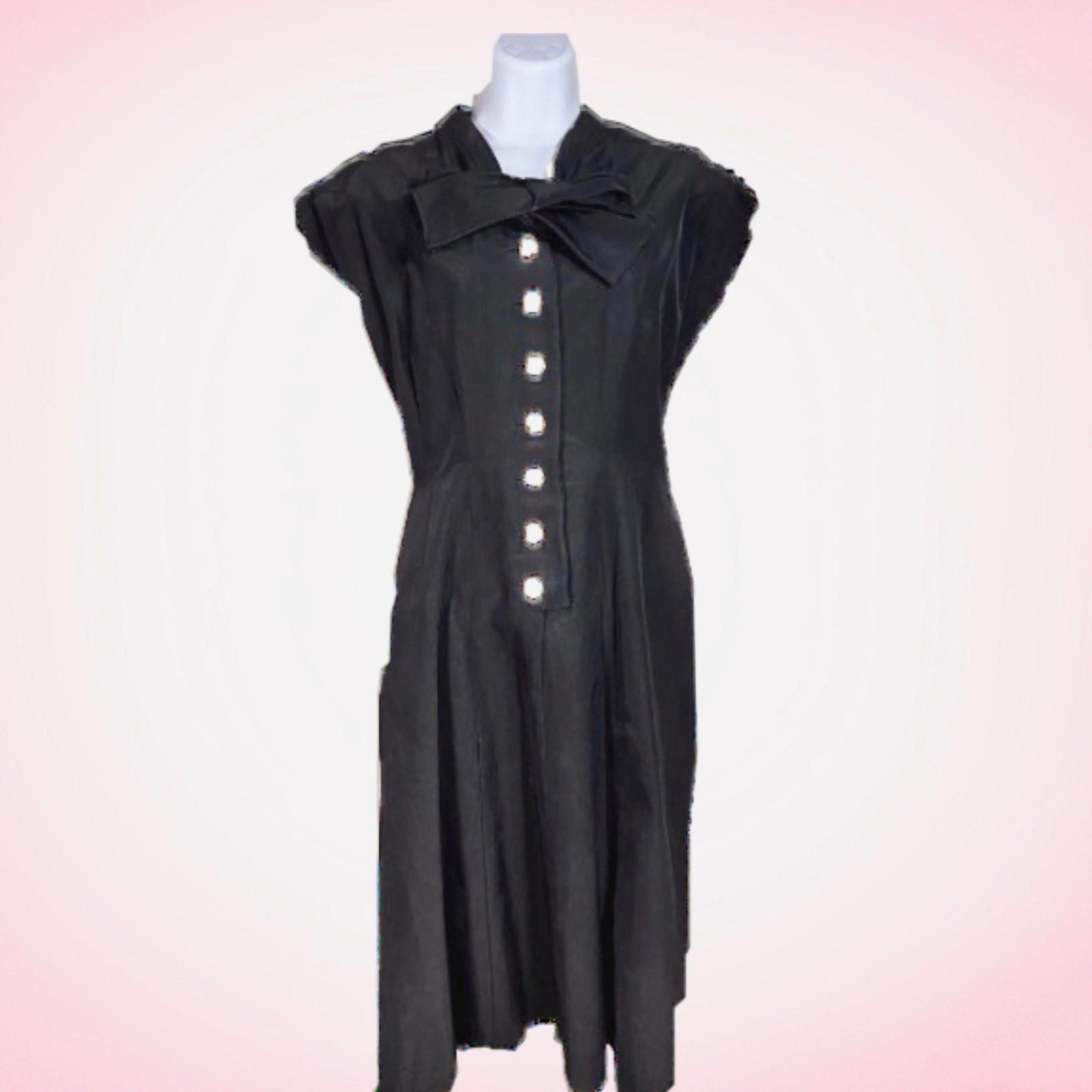 1940s Black Taffeta Dress Rhinestone Button Front Short Cap Sleeve Mid Length