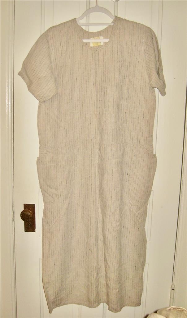 vintage FLAX Linen Stripe DRESS Angelheart M Short Sleeve LAGENLOOK Boho Chic