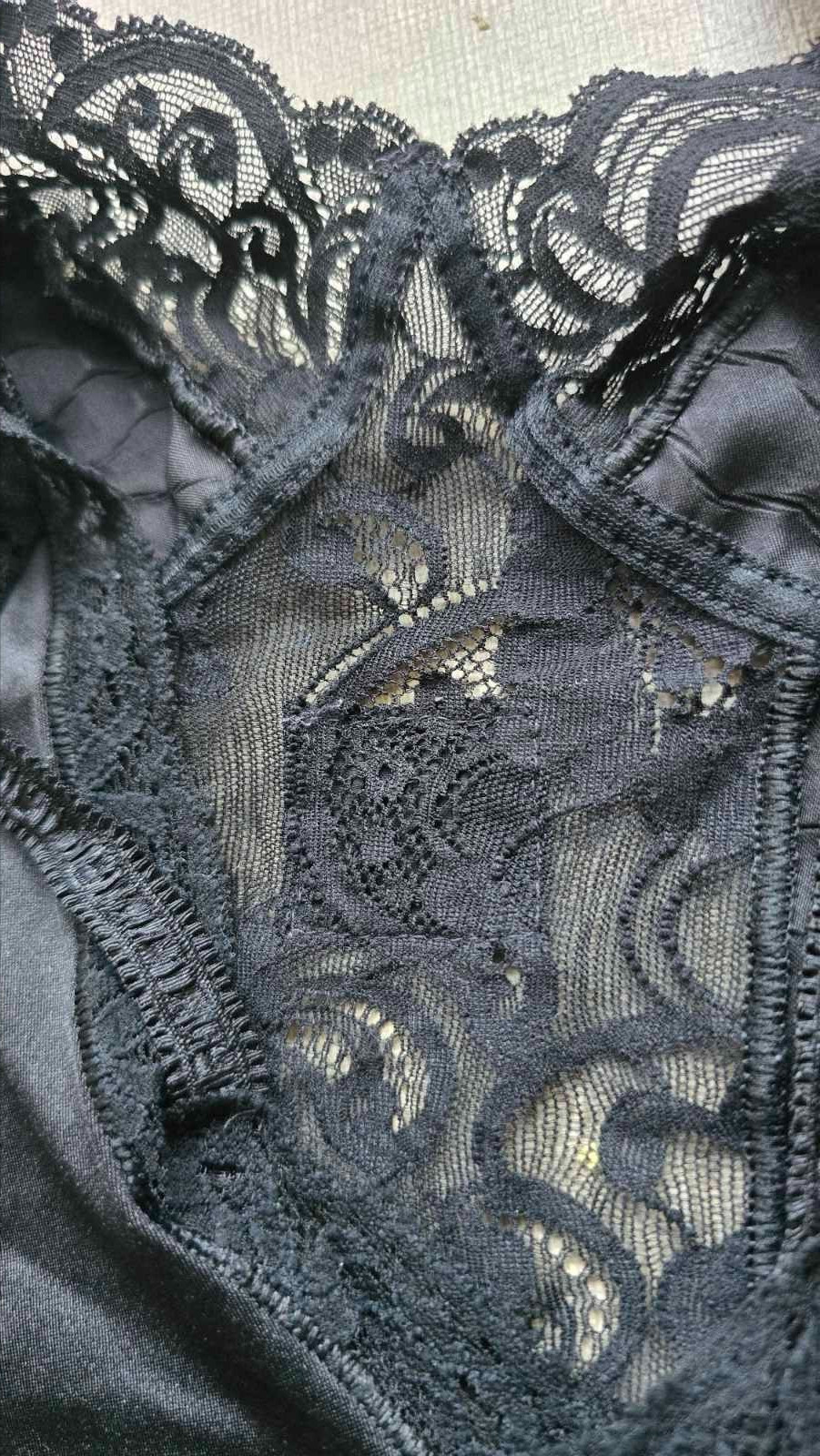 Vintage 80s MISS LEPEL Black Bodysuit Nylon Blend Guipure Inserts. Size 3