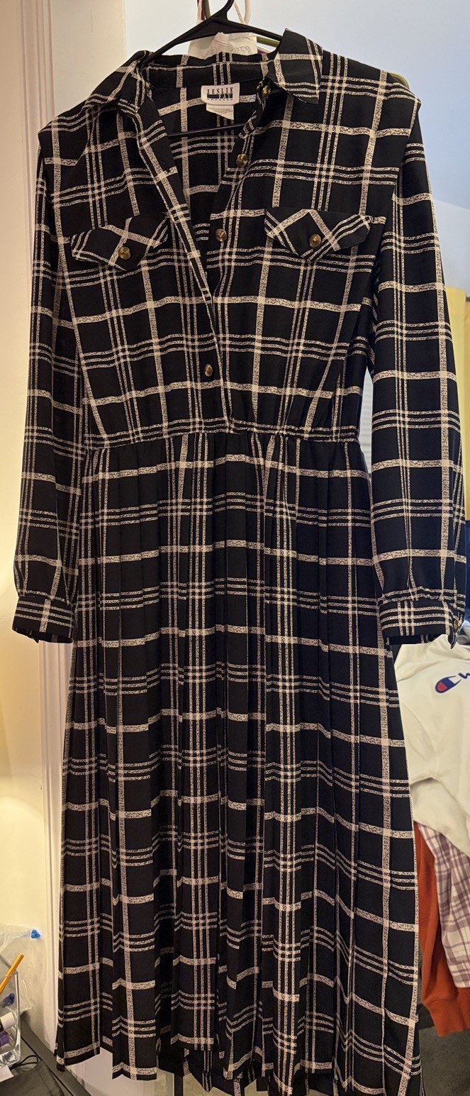 Vintage 80s Leslie Fay Black White Checkered Plaid Midi Shirtdress Pleated 10