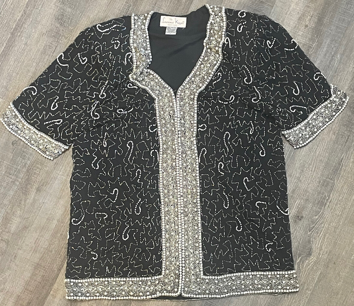 beaded Blouse – size L – Black White Gold Silver FANCY Vintage