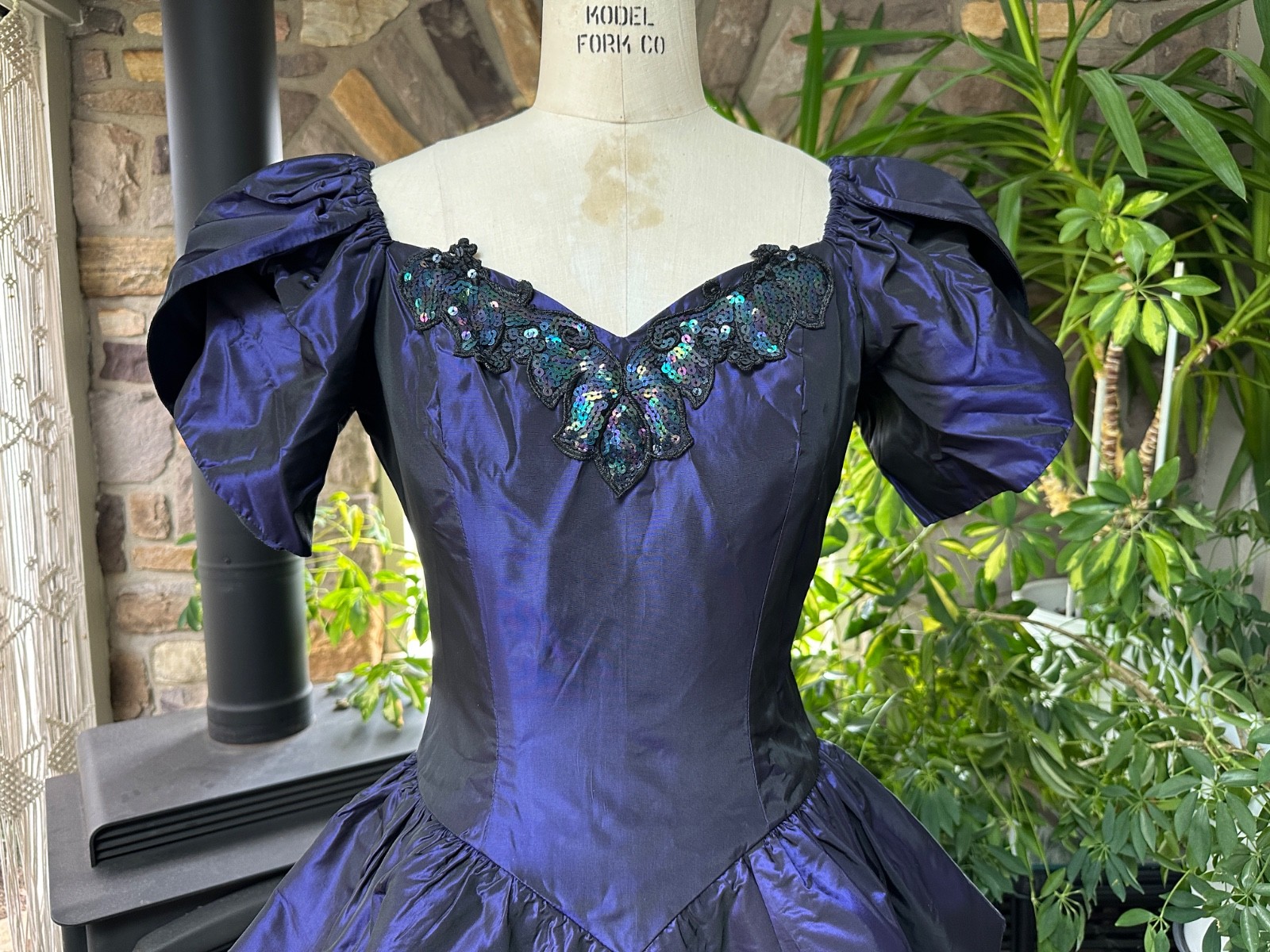 Vintage 1980s Purple Iridescent Taffeta Sequin Drop Waist Formal Maxi Dress