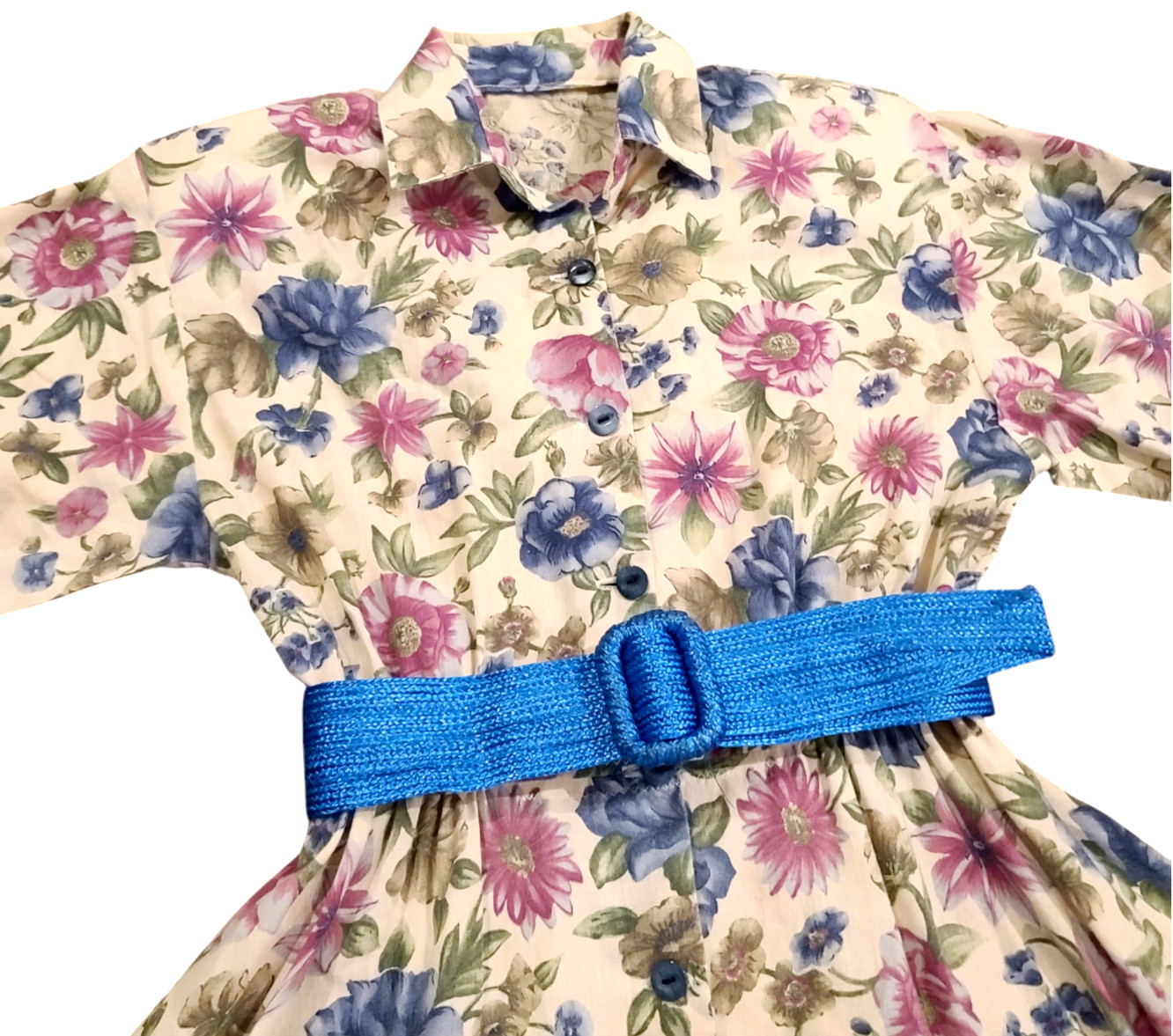 Vintage Floral Midi Button Up Collared Belted Shirt Dress 80s 90s Handmade