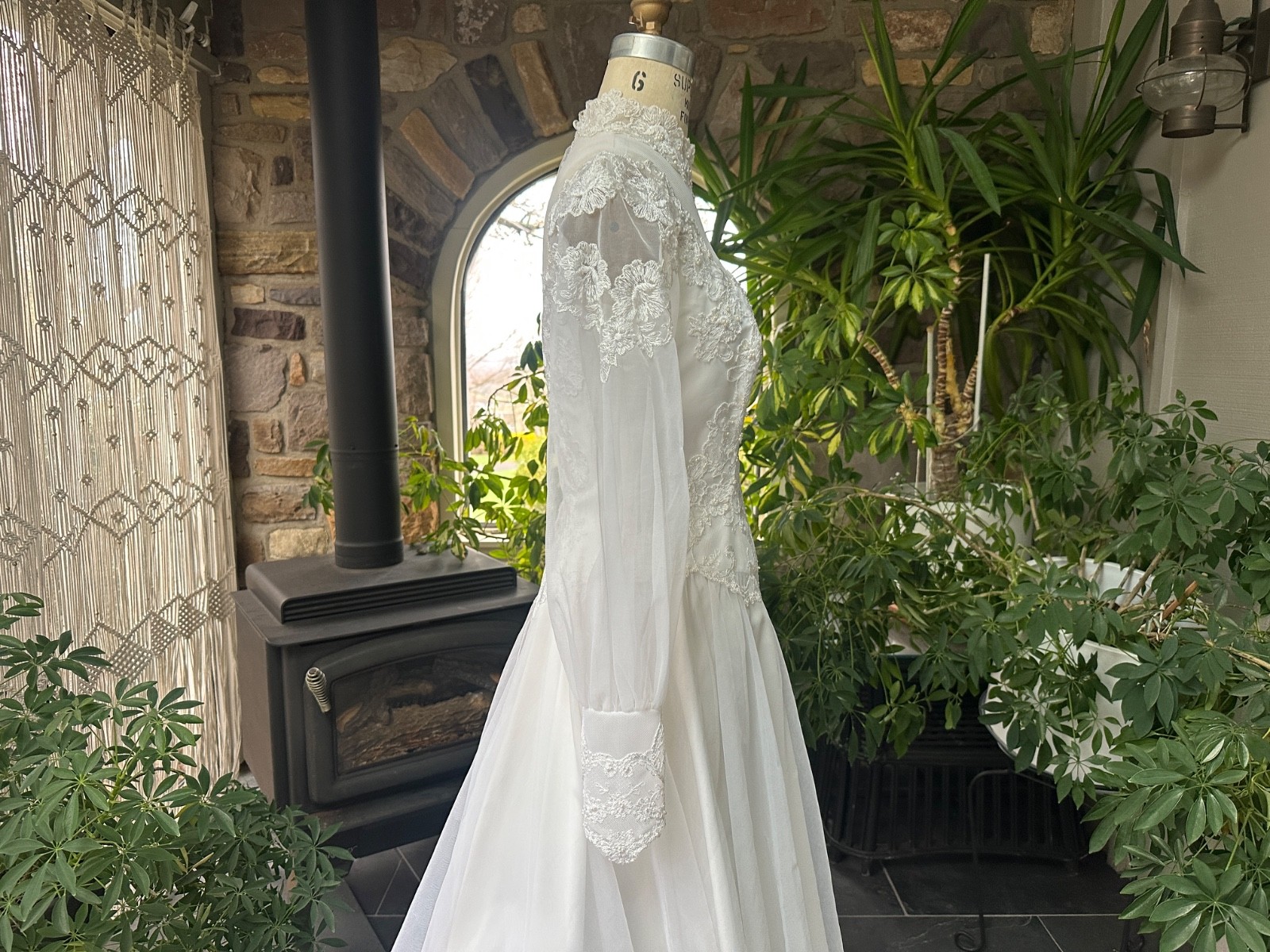 Vintage 1970s White High Neck Nylon Chiffon and Lace Wedding Gown