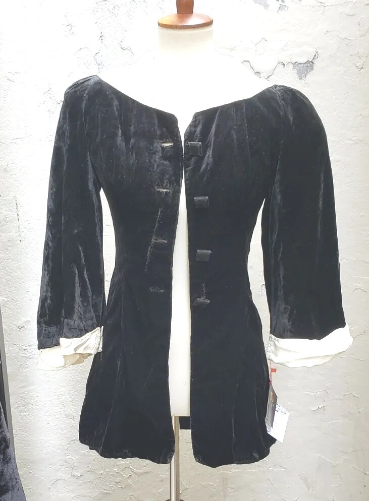 Vtg 1930s Black White Silk Velvet Blouse Deco Tailored Dress Jacket Bell Sleeve