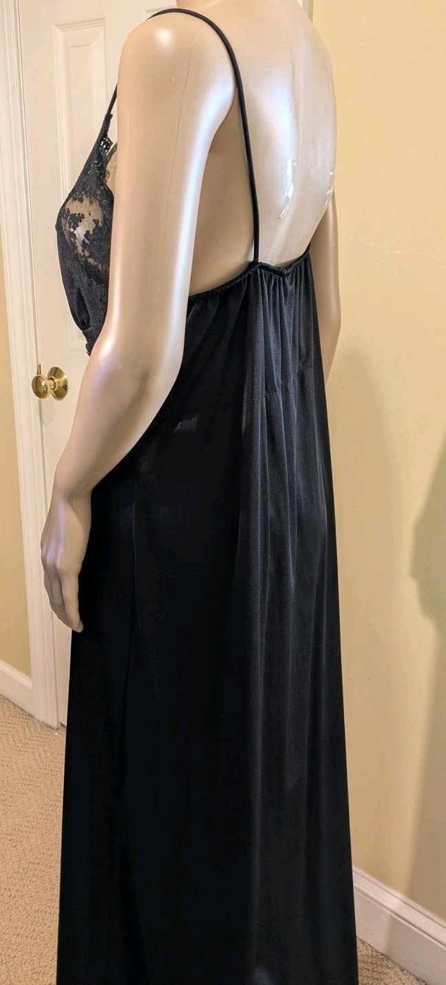 Vtg Rikki New York Silky Black Nylon Lace Maxi Gown Slip Neglige’ Sz M