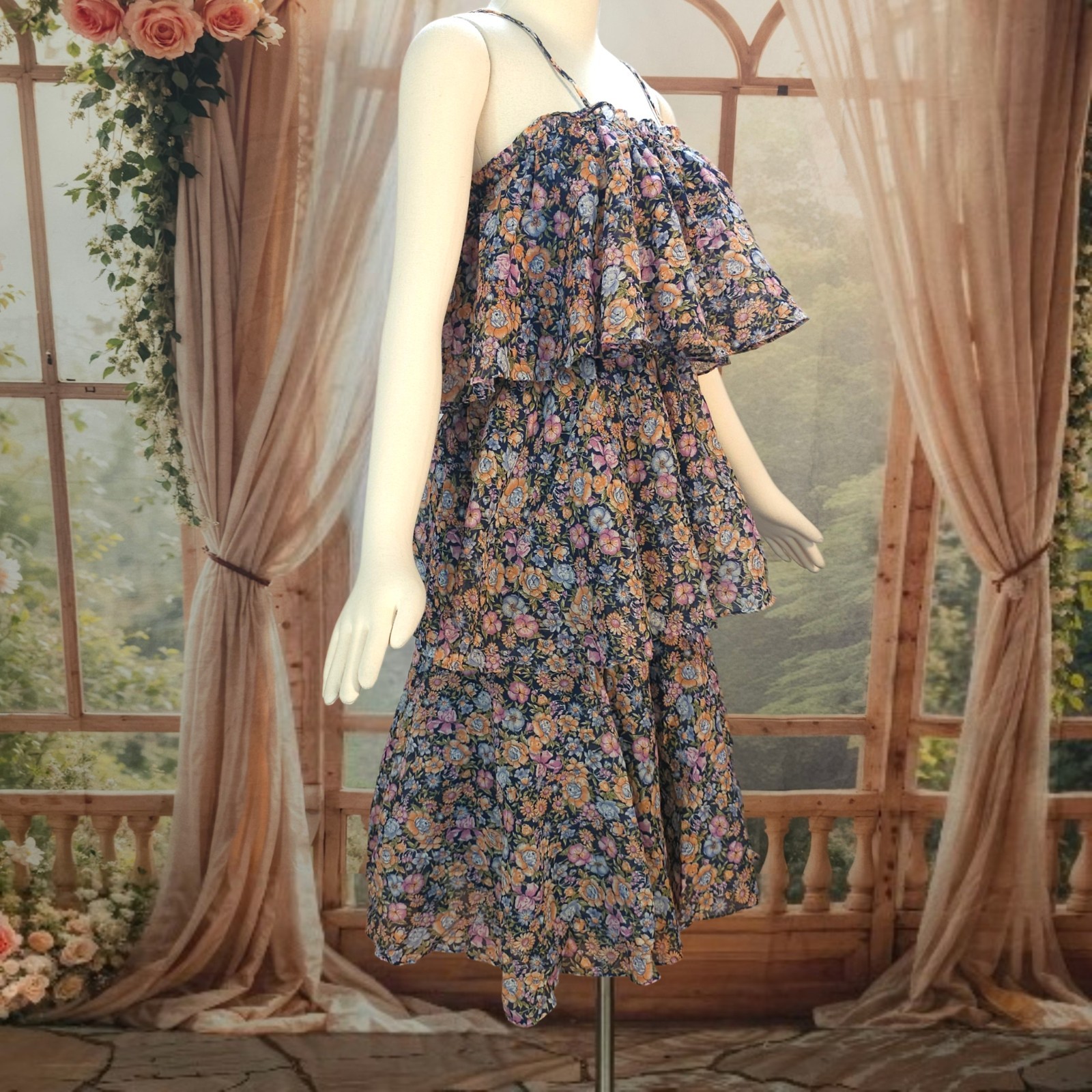 Vintage 1970s Dress Tiered Sundress Spaghetti Straps Muted Floral Samuel Blue