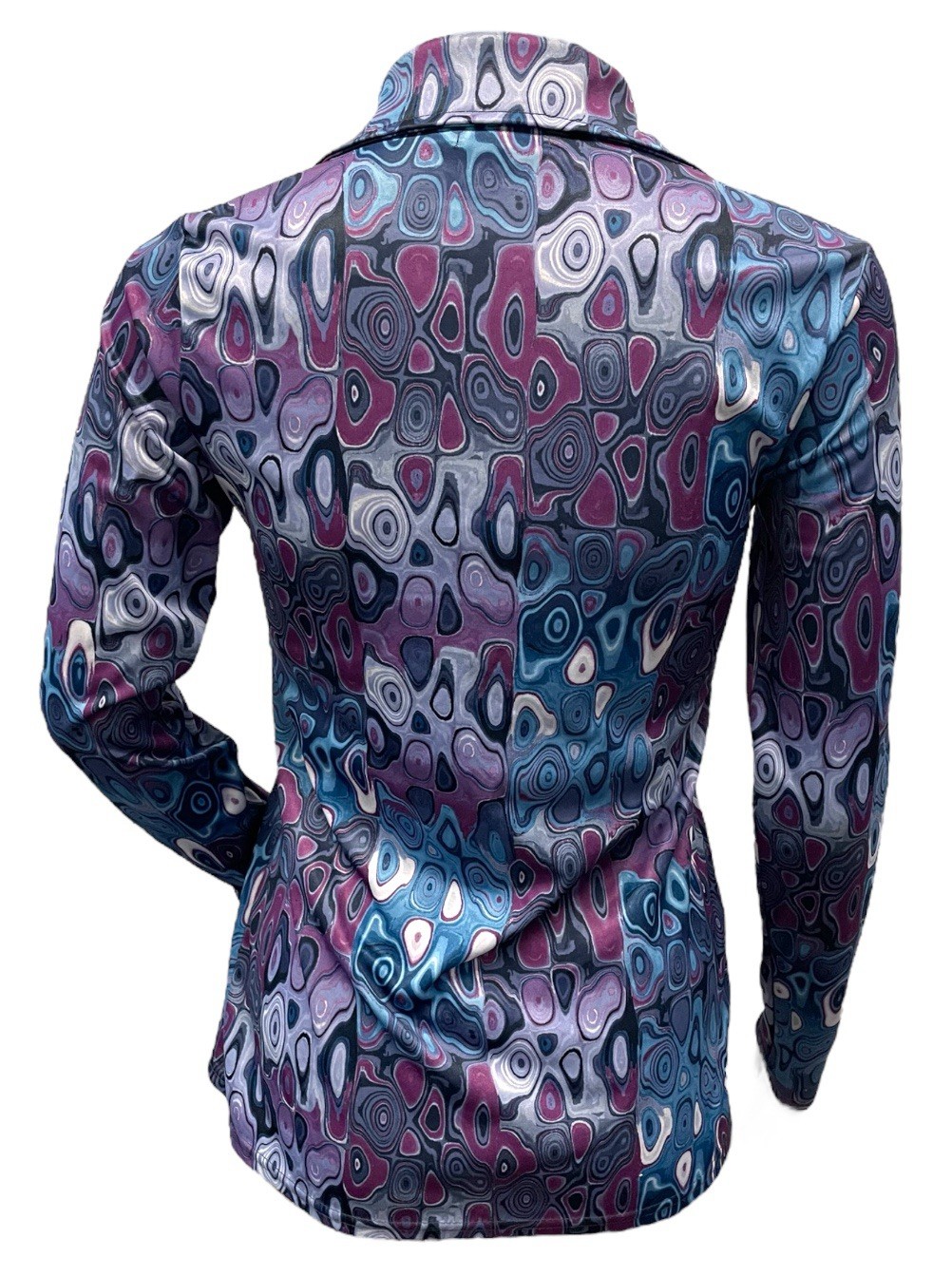 VTG 90s Does 70s Coolwear Oil Spill Psychedelic Split Front Daggar Collar Top S