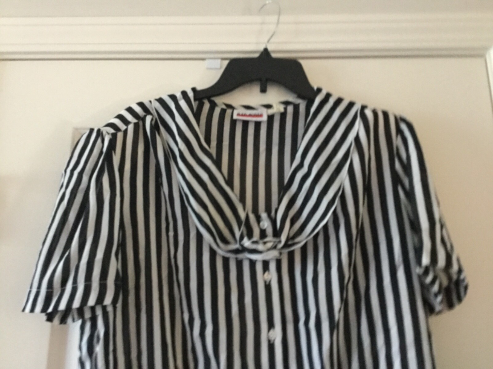 Vintage Judy Bond Size 16 Secretary Blouse Necktie Bow Black White Stripe Sexy