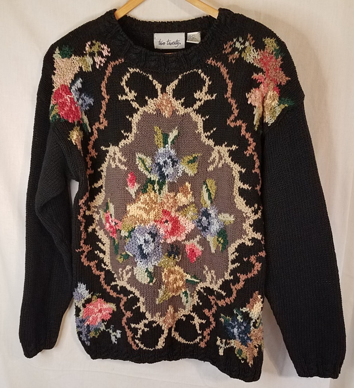 VTG Womens S Sweater Floral Flower Black Ramie Cotton Two Twenty 1990’s