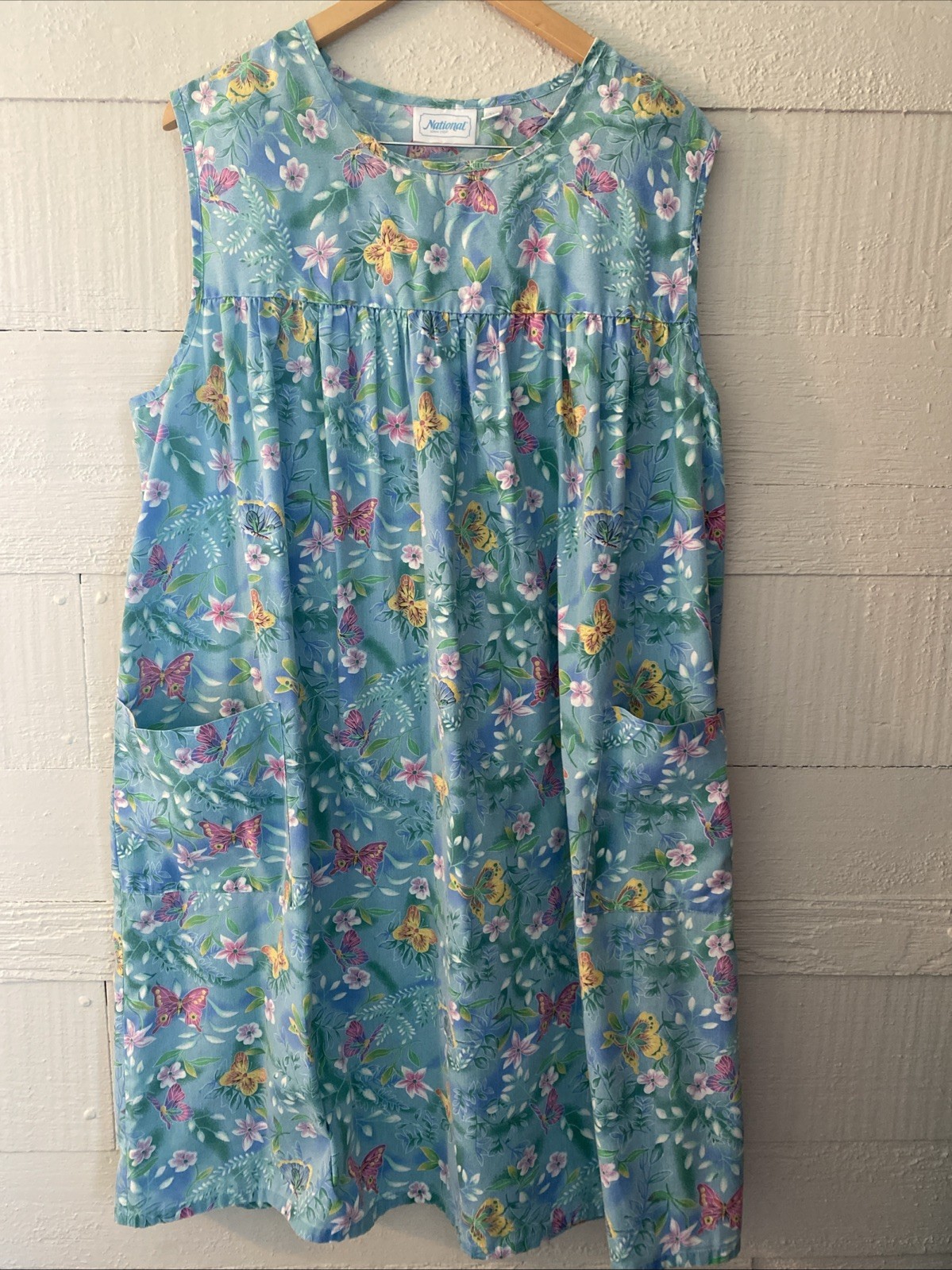 National Muumuu House Dress Vintage Boho Cottagecore Blue Floral Butterfly 2X